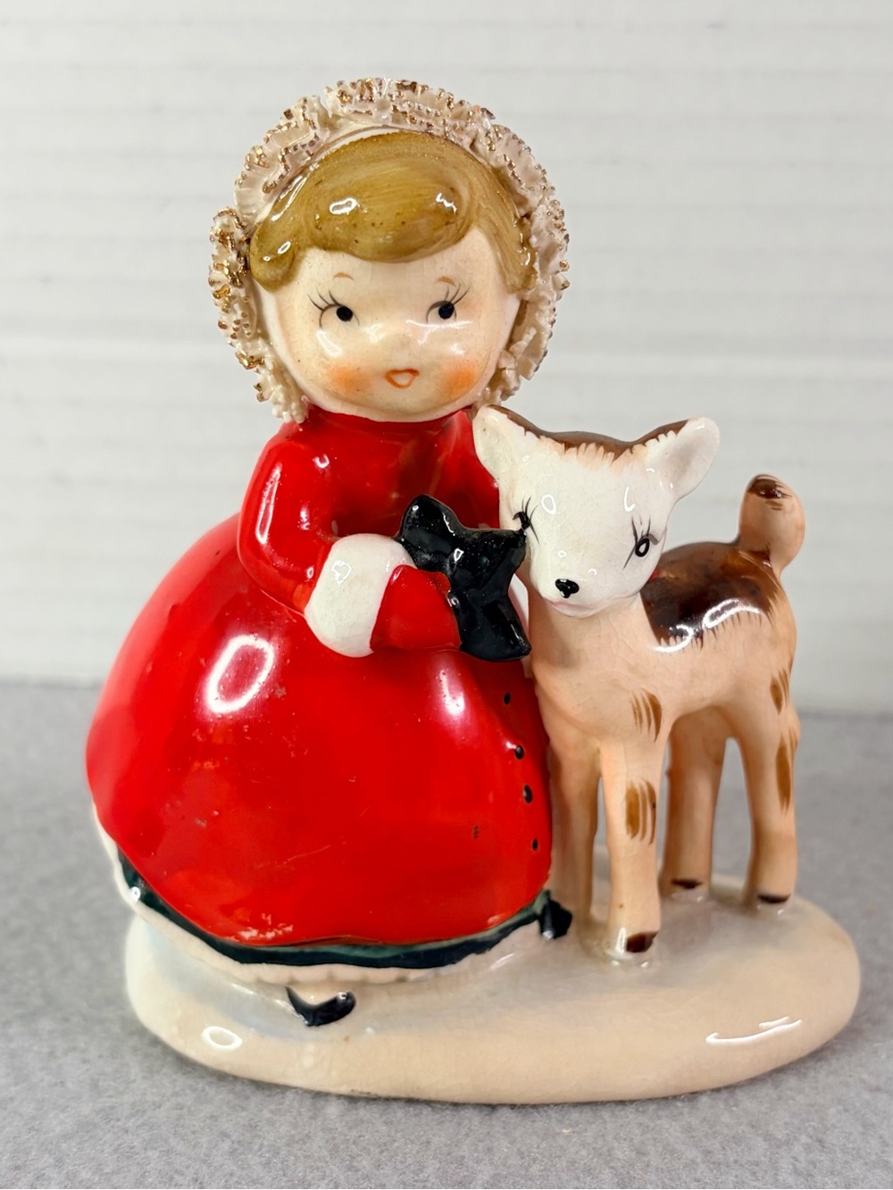 Vintage Norcrest Christmas Girl Baby DEER Figurine Ceramic RARE #F-90 Spaghetti